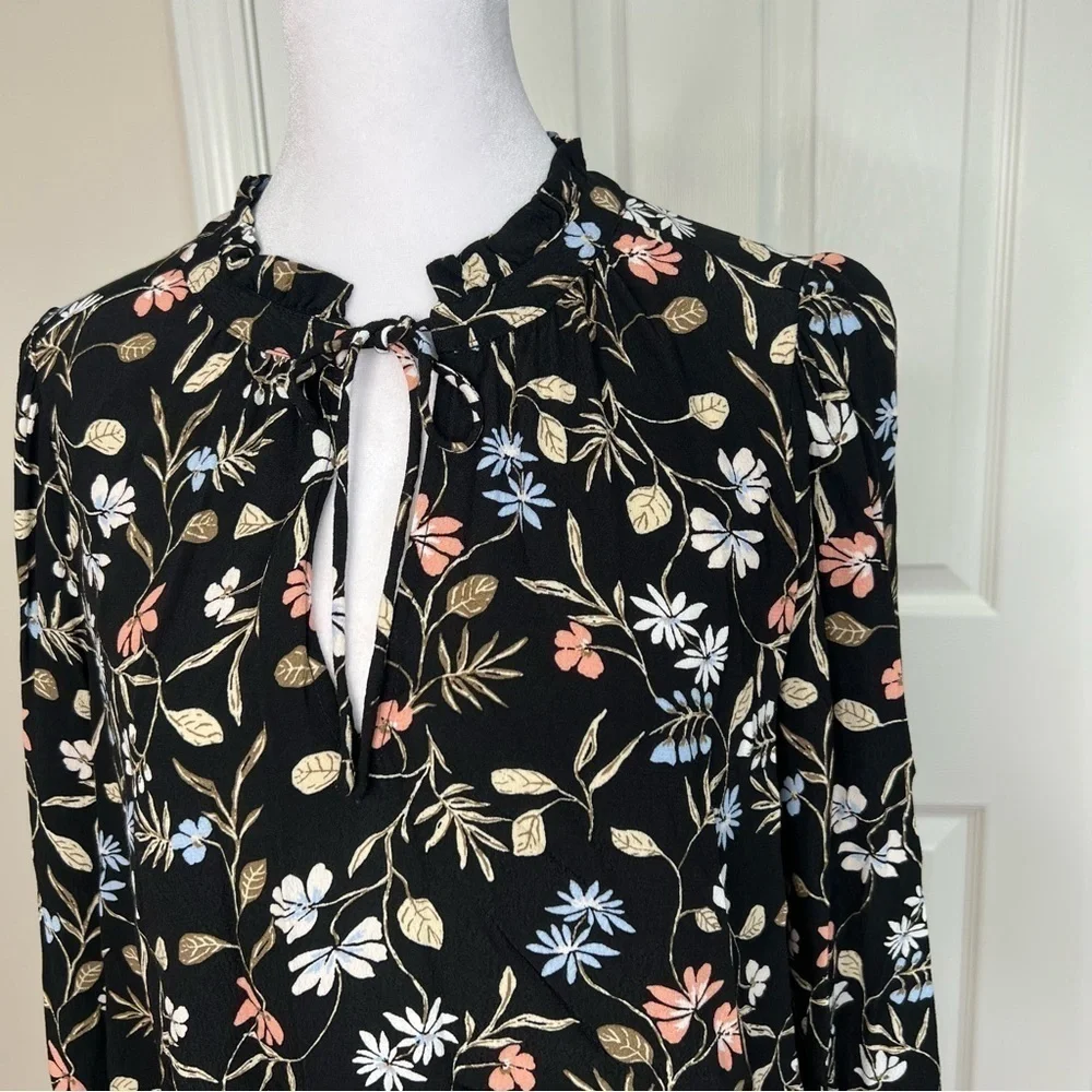 ! LOFT Floral Ruffle Tie Neck Blouse, - Picture 6 of 11